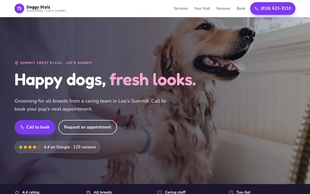 Homepage of a sample website design for Doggy Stylz Grooming