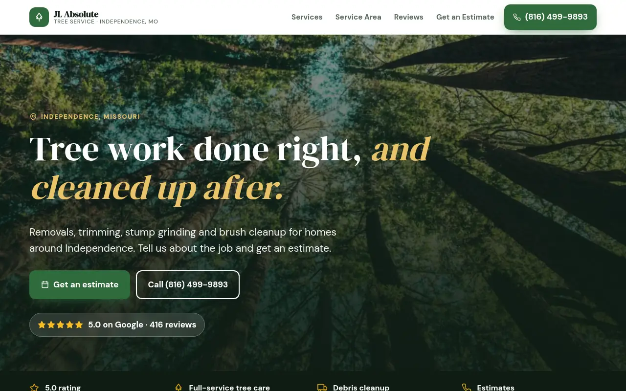 Homepage of a sample website design for JL Absolute Tree Service