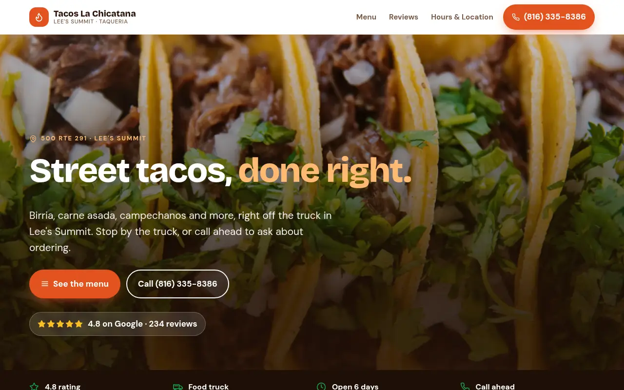 Homepage of a sample website design for Tacos La Chicatana